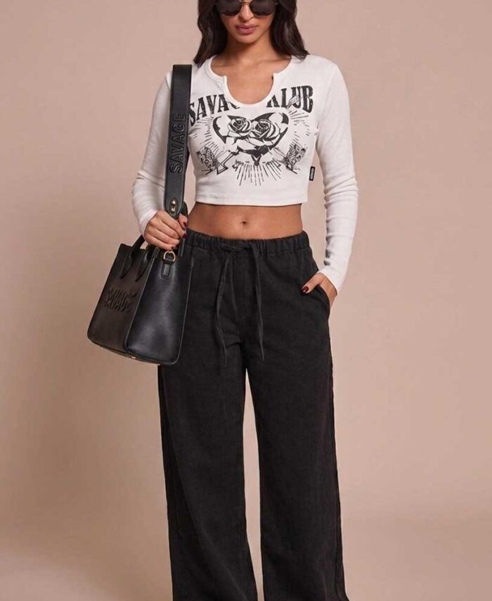 CREW NECK LONG SLEEVE PRINTED WOFFLE T-SHIRT