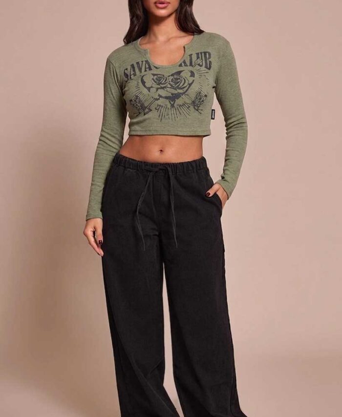 CREW NECK LONG SLEEVE PRINTED WOFFLE T-SHIRT